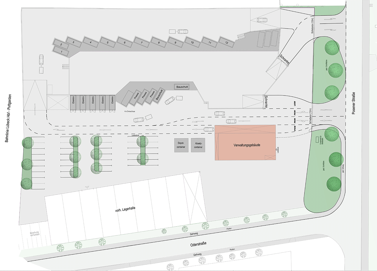 Gestaltungsplan des Wertstoffhofes Posener Straße. Über 8.000 m² stehen zukünftig für Anlieferungen zur Verfügung.